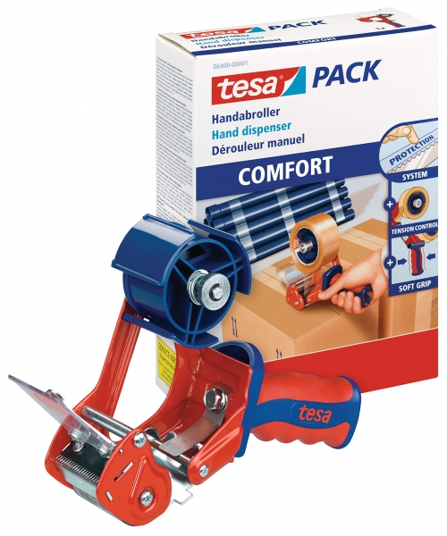 Tesa 6400 Comfort Sealer pour rouleaux jusqu'à 50 mm - Système de lame protégée - Tension réglable manuellement - Couleur rouge/bleu