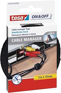 Tesa On & Off Cable Manager Pack de bandes Velcro 5 m x 10 mm – Pour organiser les câbles – Couleur noire