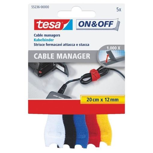 Tesa On & Off Cables Manager Pack de bandes Velcro 20 cm x 12 mm – Pour organiser les câbles – Couleurs assorties