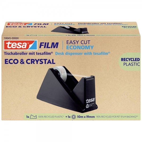 Tesa Tesafilm Eco & Crystal Support de rouleau de table facile à découper + ruban adhésif fabriqué avec 90 % de bouteilles PET recyclées – Couleur noire