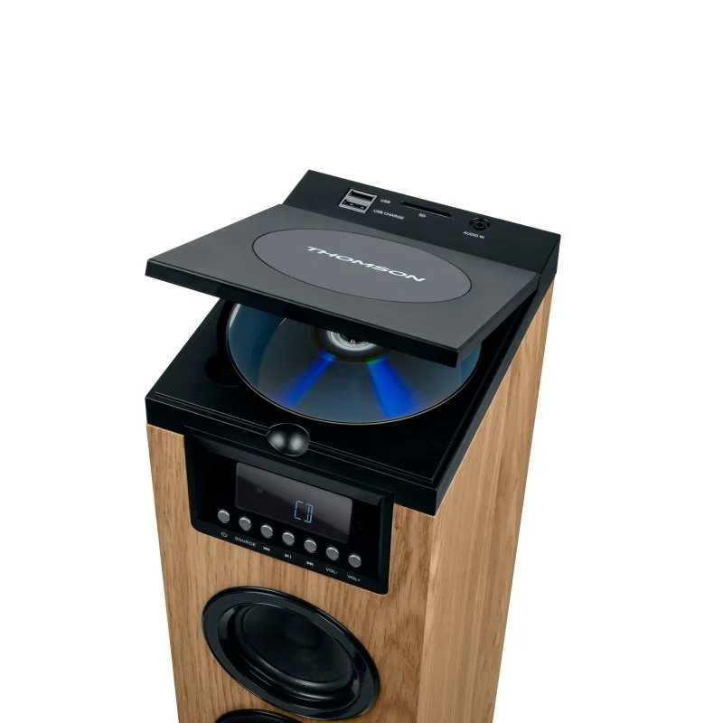 Thomson Cosy DS122CD Sound Tower 60W Bluetooth 5.0 - Lecteur CD - Entrée AUX 3,5 mm, USB et Lecteur de Carte SD/MMC - Télécommande - Couleur Bois/Noir