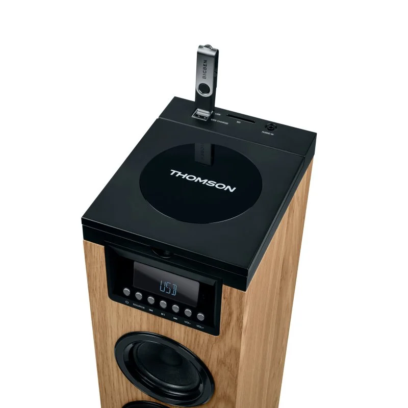 Thomson Cosy DS122CD Sound Tower 60W Bluetooth 5.0 - Lecteur CD - Entrée AUX 3,5 mm, USB et Lecteur de Carte SD/MMC - Télécommande - Couleur Bois/Noir