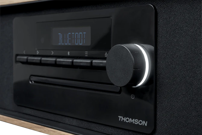 Thomson MIC300IBT Micro Chaîne 60W Bluetooth 5.0 - Lecteur CD, Radio FM, Lecteur USB (MP3) - Fonction Chargement sans Fil - Télécommande - Couleur Bois/Noir