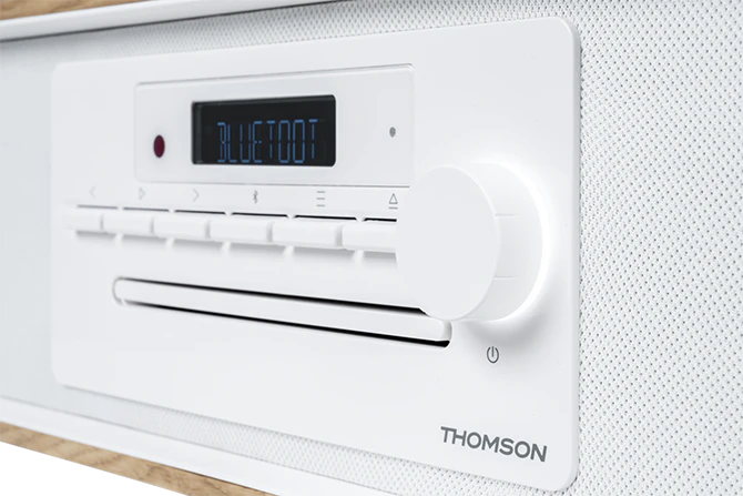 Thomson MIC300IBT Micro Chaîne 60W Bluetooth 5.0 - Lecteur CD, Radio FM, Lecteur USB (MP3) - Fonction Chargement sans Fil - Télécommande - Couleur Bois/Blanc