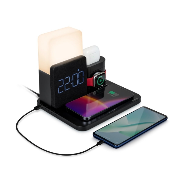 Thomson Réveil avec Station de Chargement sans Fil pour Smartphone, Smartwatch - Chargement USB-C pour Casque - Écran LCD - Veilleuse LED - Couleur Noir