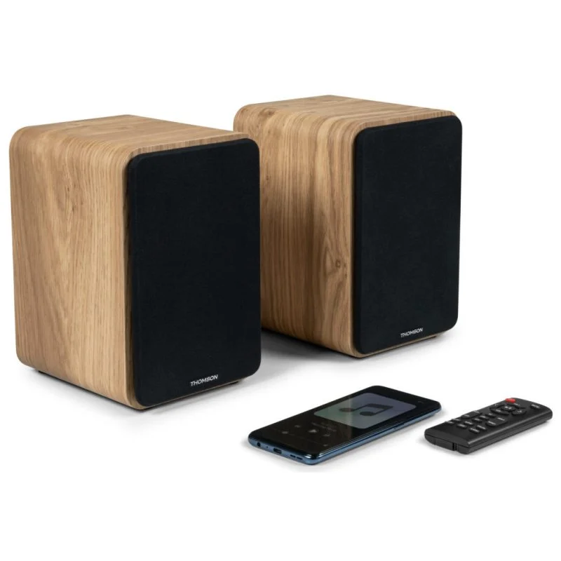 Thomson WS602DUO Enceintes Bluetooth 5.0 100 W - Entrée RCA, Optique - Télécommande - Couleur Bois