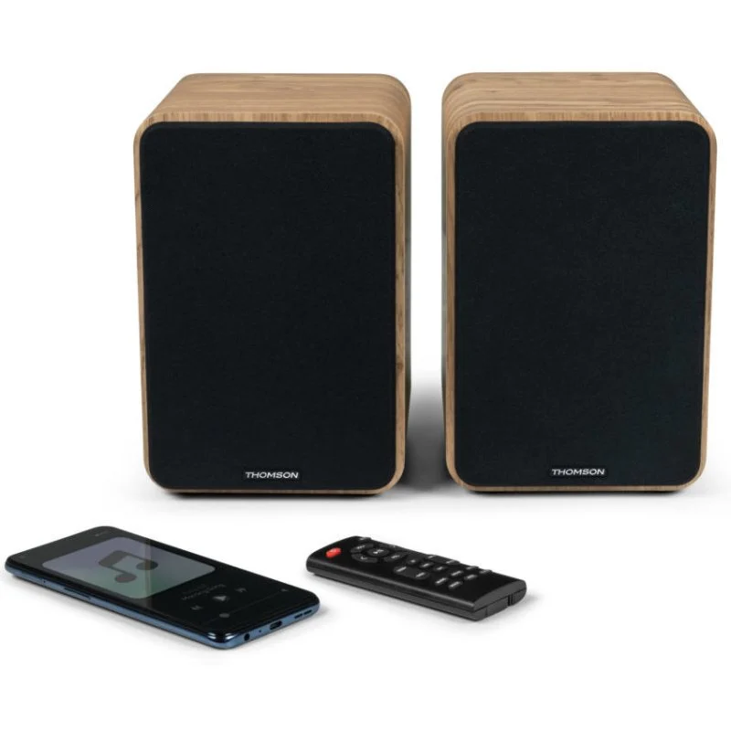 Thomson WS602DUO Enceintes Bluetooth 5.0 100 W - Entrée RCA, Optique - Télécommande - Couleur Bois