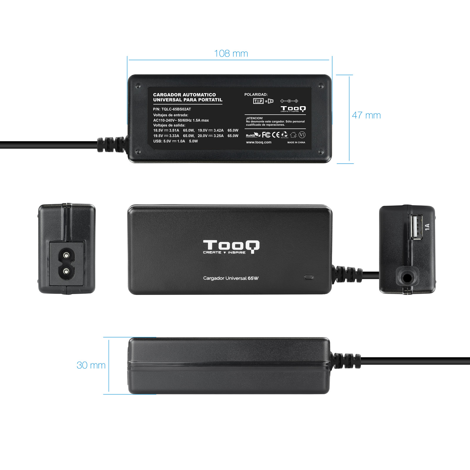 Tooq Chargeur Automatique Universel pour Ordinateur Portable 65W - USB - 8 Adaptateurs - Tension 18.5-20V