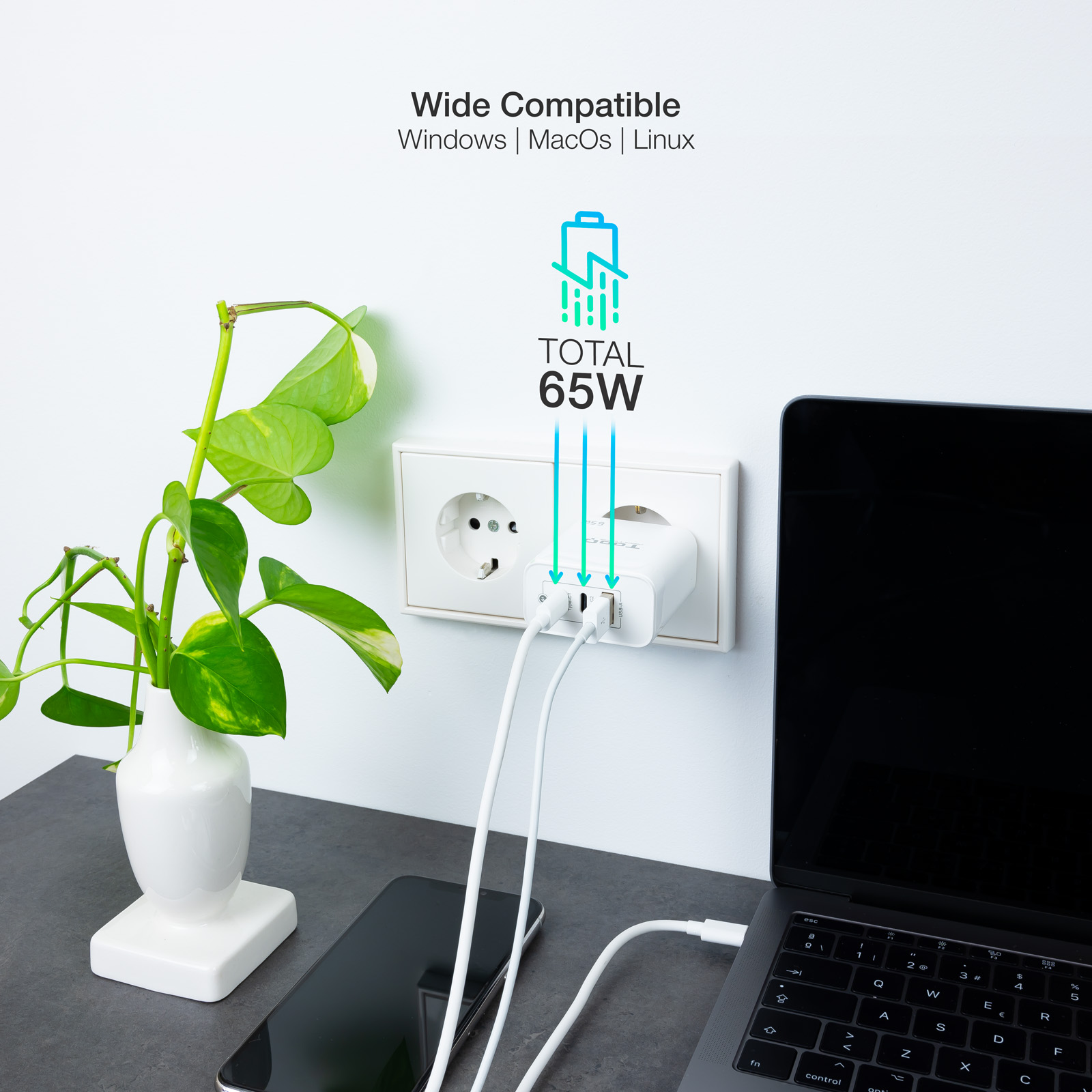 Tooq Chargeur Mural GaN 2 USB-C/PD + USB-A/QC 65W - Couleur Blanche