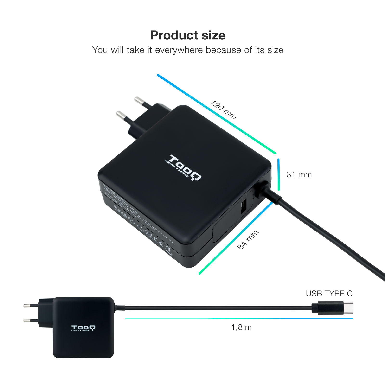 Tooq Chargeur Universel pour Ordinateur Portable 90W USB-C - Compatible PD - Câble 1.80m