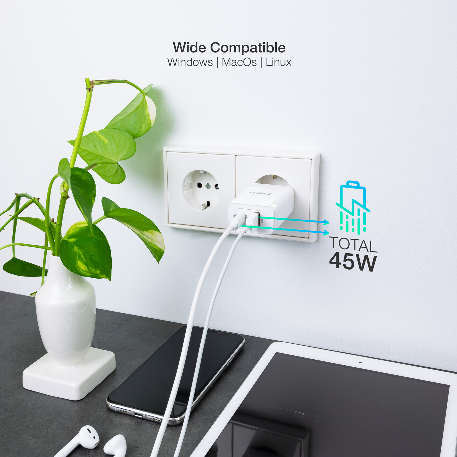 Tooq GaN Chargeur Mural USB-C/PD + USB-A/QC 45W - Couleur Blanche