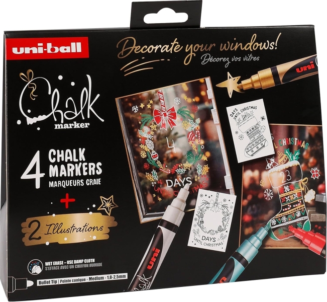 Uni-ball Chalk Christmas Colors Pack de 4 marqueurs à craie liquide + affiches - Pointe conique 1,8-2,5 mm - Effaçable à l'eau - Résistant à la pluie - Couleurs assorties