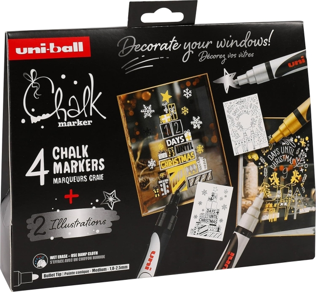 Uni-ball Chalk Scandinave Colors Lot de 4 marqueurs à craie liquide + affiches - Pointe conique 1,8-2,5 mm - Effaçable à l'eau - Résistant à la pluie - Couleurs assorties