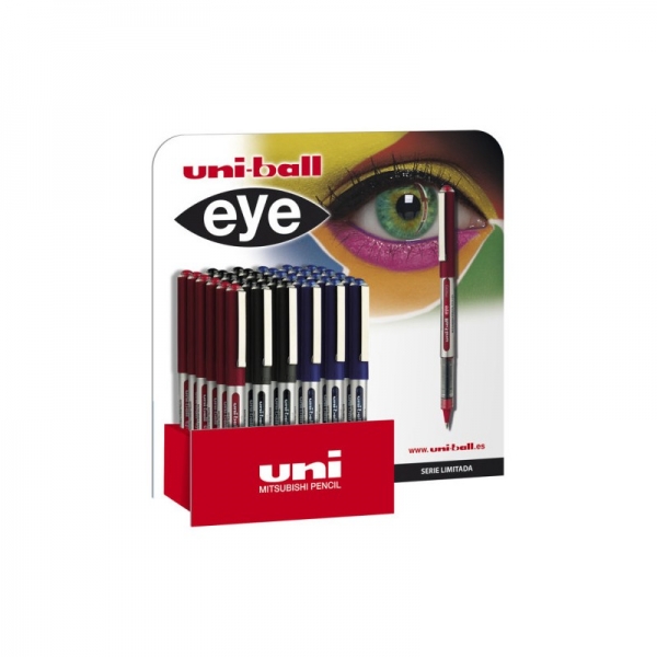 Uni-ball Eye Micro UB-150 Présentoir de 36 stylos à encre liquide - Pointe sphérique de 0,5 mm - Encre résistante à l'eau et à la lumière - Système de contrôle de l'encre - Fenêtre de niveau d'encre - Couleurs assorties