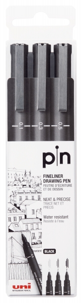 Uni-ball PIN-200(S) Lot de 3 marqueurs calibrés - Pointe polyacétal - Encre pigmentée résistante à l'eau et à la lumière - Idéal pour le dessin et l'écriture professionnels - Couleur noire