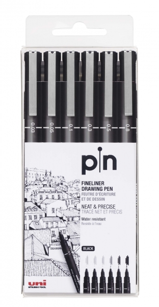 Uni-ball PIN-200(S) Lot de 6 marqueurs calibrés - Pointe polyacétal - Encre pigmentée résistante à l'eau et à la lumière - Idéal pour le dessin et l'écriture professionnels - Couleur noire