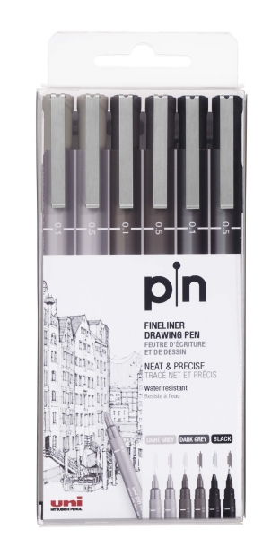 Uni-ball PIN-200(S) Lot de 6 marqueurs calibrés - Pointe polyacétal - Encre pigmentée résistante à l'eau et à la lumière - Idéal pour le dessin et l'écriture professionnels - Couleurs assorties