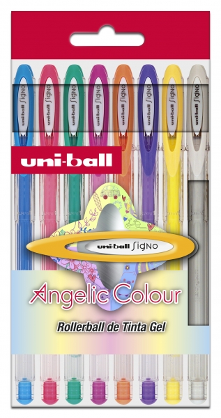 Uni-ball UM-120 AC Signo Angelic Étui de 8 rouleaux à encre gel - Pointe boule 0,7 mm - Encre résistante à l'eau et à la lumière - Écrit sur papier noir et blanc - Couleurs assorties