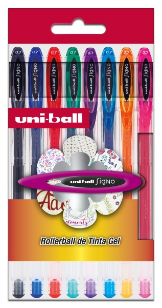 Uni-ball UM-120 Étui de 8 stylos à encre gel - Pointe bille 0,7 mm - Encre résistante à l'eau et à la lumière - Couleurs assorties