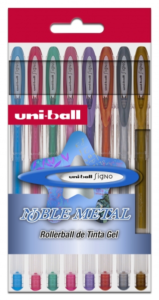 Uni-ball UM-120 NM Signo Noble Boîtier en métal de 8 rouleaux à encre gel - Pointe sphérique de 0,8 mm - Encre résistante à l'eau et à la lumière - Écrit sur papier noir et blanc - Couleurs assorties