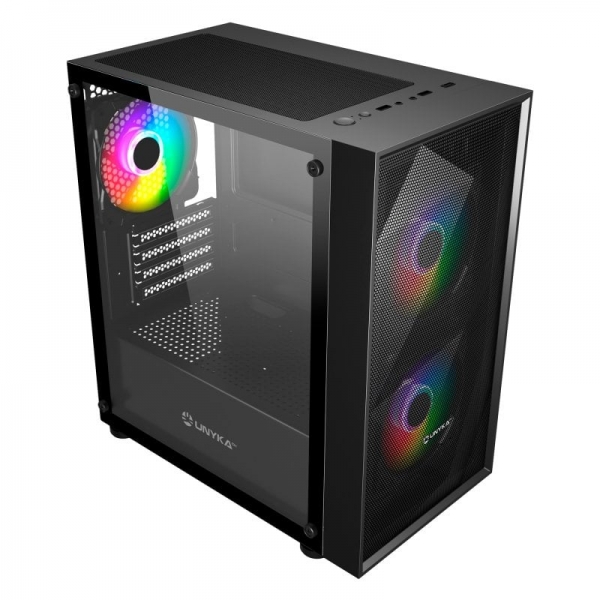 Unykach MIR B200 Boîtier de jeu Micro ATX, Mini ITX - Côté en verre trempé - 3,5", 2,5" - USB-A 2.0, 3.0 et audio - 3 ventilateurs ARGB de 120 mm installés - Prend en charge le refroidissement liquide