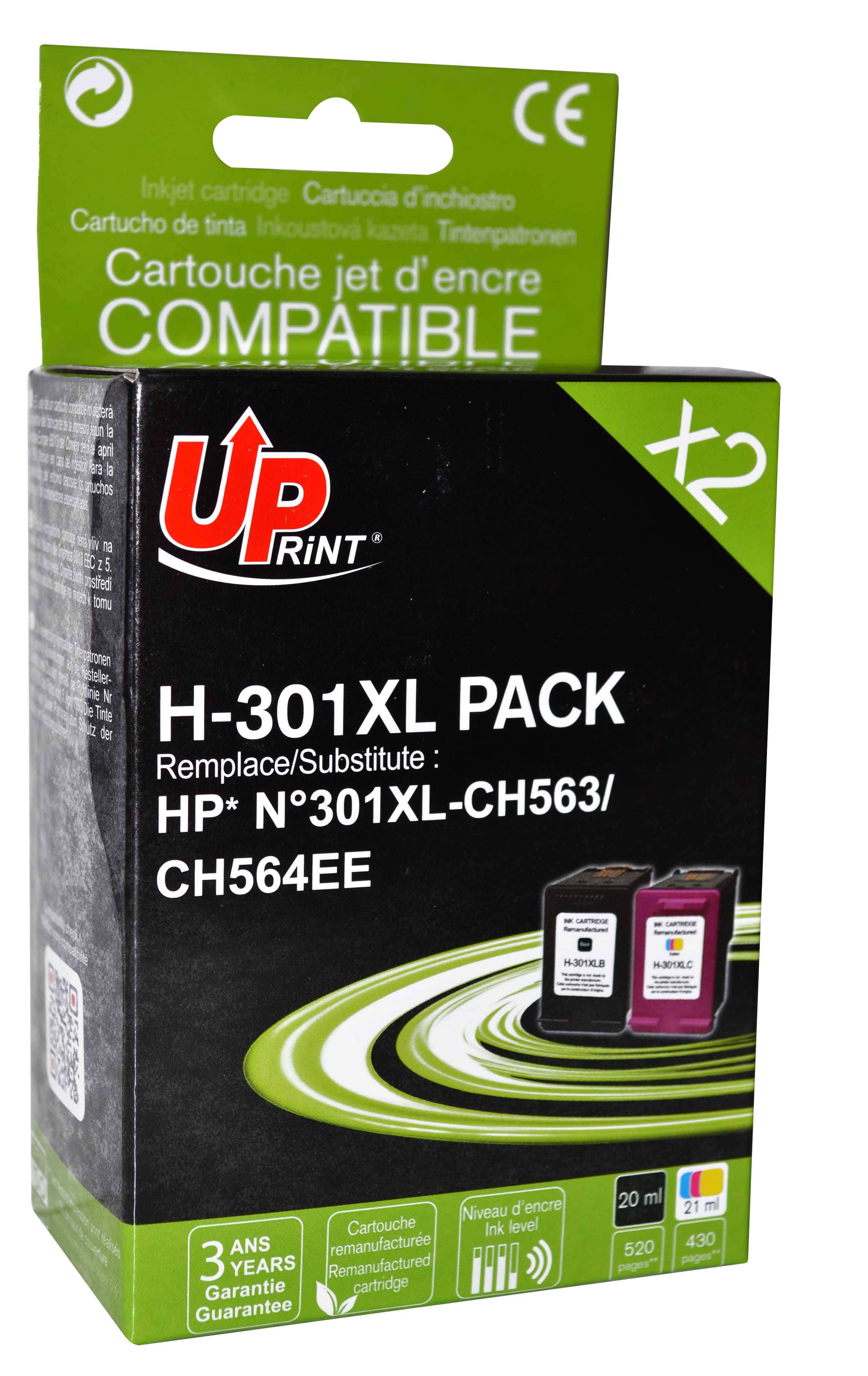 ✓ Pack UPrint compatible HP 301XL (CH563EE/CH564EE) noir et couleur couleur  pack en stock - 123CONSOMMABLES