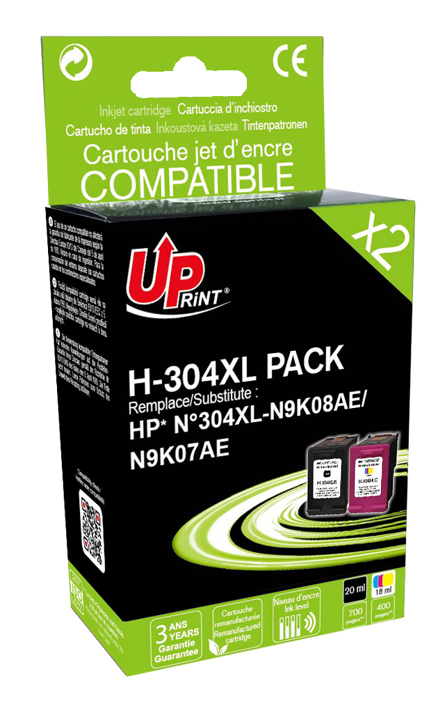 Pack 2 Cartouches HP-304 XL recyclée HP N9K08AE / N9K07AE - UPrint