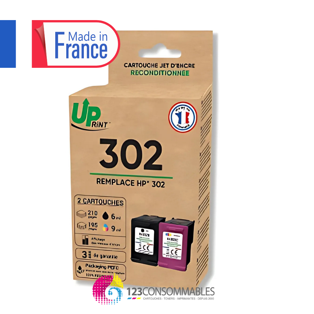 UPRINT Pack de 2 cartouches d'encre remanufacturées UPRINT HP 302 noire et couleur – Fabriquées en France