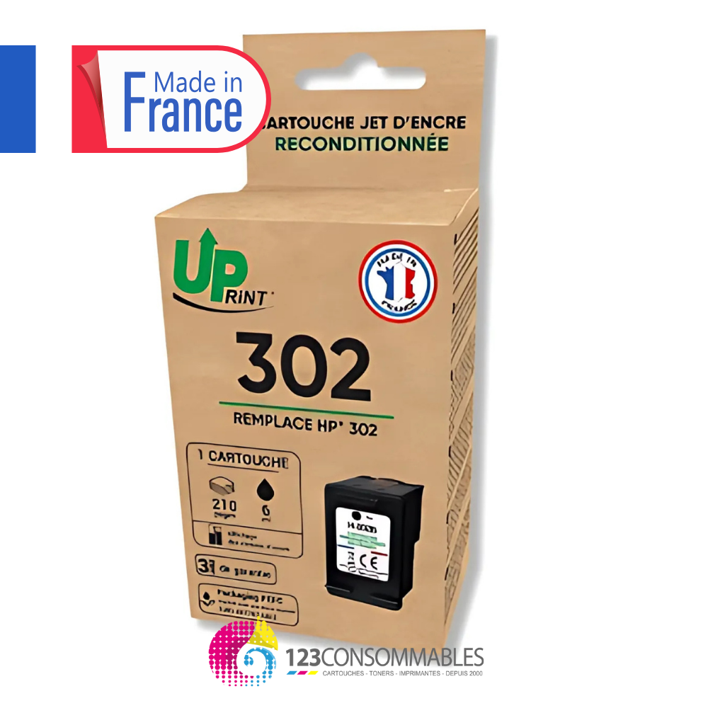 UPRINT Cartouche d'encre remanufacturée HP 302 noire – Remplace F6U66AE – Fabriquée en France