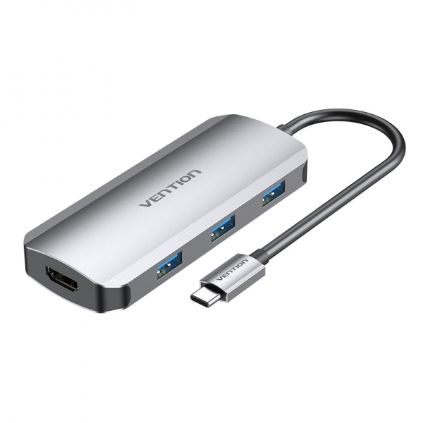 Vention Docking 5 en 1 USB-C vers HDMI 4K/3xUSB3.0/PD100W - 0,15m - Couleur Gris