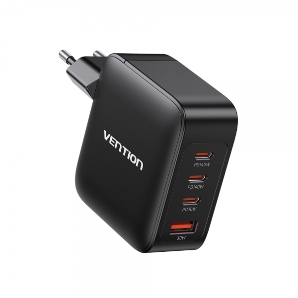 Vention GaN Chargeur Mural 4 Ports PD 140W (140W/140W/30W/30W) - Kit Câble Noir EU