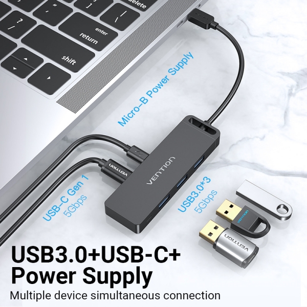 Vention HUB 5 en 1 USB-C vers 3xUSB3.0/USB-C(Gen1)/Micro-B Alimenté - 0,15m - Couleur Noir