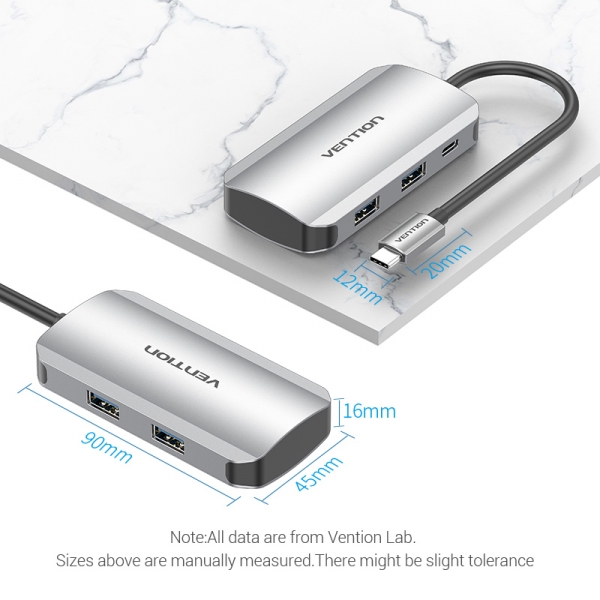 Vention HUB 5 en 1 USB-C vers 4xUSB3.0/PD100W - 0,15m - Couleur Gris