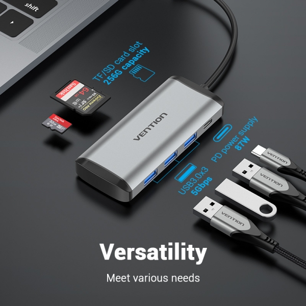 Vention HUB 6 en 1 USB-C vers 3xUSB3.0/TF/SD/PD - 0.15m - Aluminium Gris