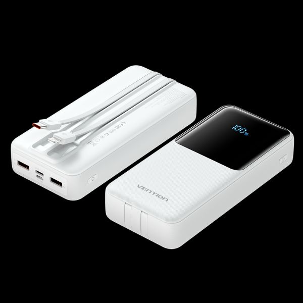 Vention Power Bank 20 000mAh - Plusieurs interfaces USB - Chargement rapide - Câble USB-C inclus - Couleur Blanc