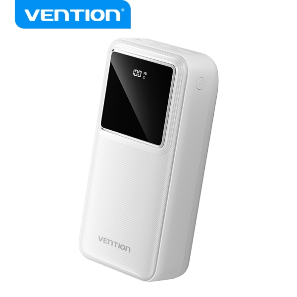 Vention Powerbank 30000mAh - Charge Rapide 22,5W - USB-C/USB-A/Micro-USB - Écran LED - Léger et Sûr - Couleur Blanc