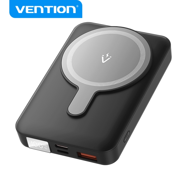 Vention Powerbank Magnétique Sans Fil 10000 mAh - Écran LED - Charge Rapide 22,5 W - USB-C/Lightning/USB-A - Couleur Noir