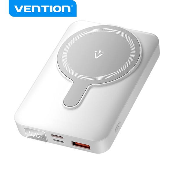 Vention Powerbank Magnétique Sans Fil 10000 mAh - Écran LED - Charge Rapide 22,5 W - USB-C/Lightning/USB-A - Couleur Blanc