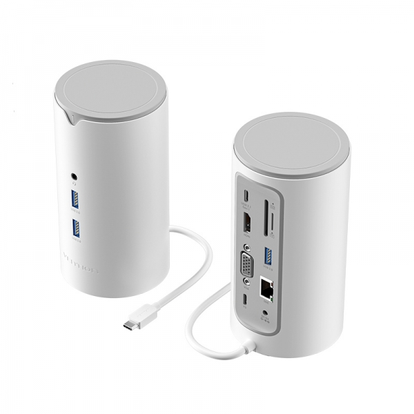 Vention Station d'accueil 12 en 1 USB-C vers HDMI 4K/VGA/3xUSB3.0/USB-C Gen1/RJ45/Lecteur SD/2XJack Audio/DC 5V/PD100W TPHWC - 0,15m - Blanc