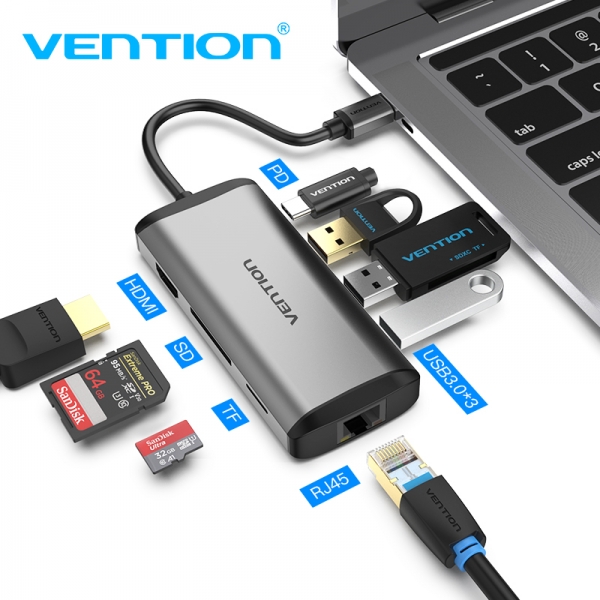 Vention Station d'accueil 7 en 1 USB-C vers HDMI 4K/3xUSB3.0/RJ45/SD/TF Reader/PD87W - 0,15m - Couleur Gris