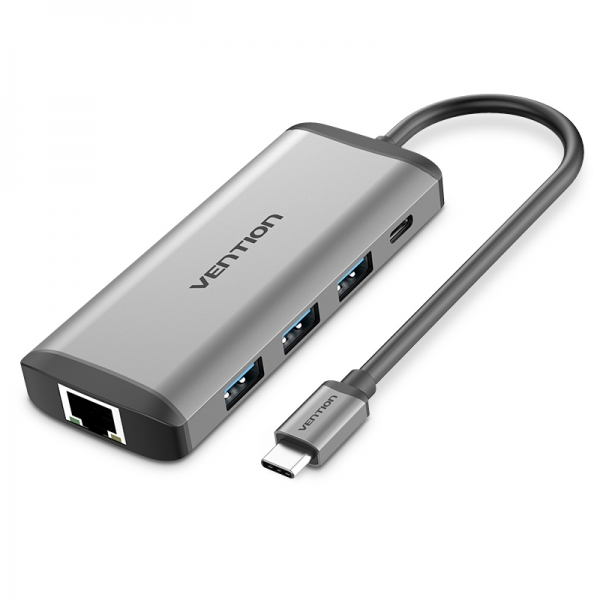 Vention Station d'accueil 7 en 1 USB-C vers HDMI 4K/3xUSB3.0/RJ45/SD/TF Reader/PD87W - 0,15m - Couleur Gris