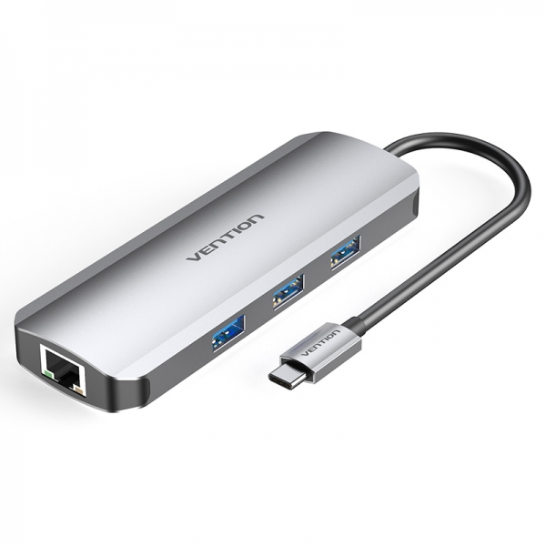 Vention Station d'accueil 8 en 1 USB-C vers HDMI 4K/3xUSB 3.0/Lecteur SD/MicroSD/RJ45/PD 100W - 0,15m - Couleur Gris