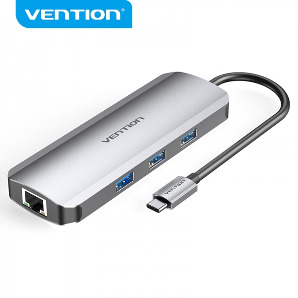 Vention Station d'accueil 8 en 1 USB-C vers HDMI 4K/3xUSB 3.0/Lecteur SD/MicroSD/RJ45/PD 100W - 0,15m - Couleur Gris